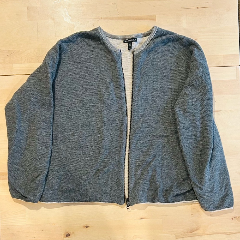 Eileen Fisher Organic Cotton Knit Zip-Up Cardigan - Gray/Oatmeal - Size L